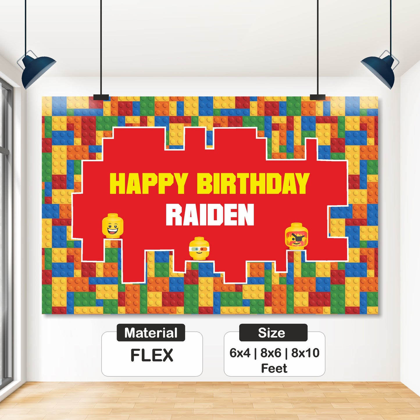 Lego theme birthday backdrop size options displayed showing multiple format variants available for home and venue party setups from BluParty India