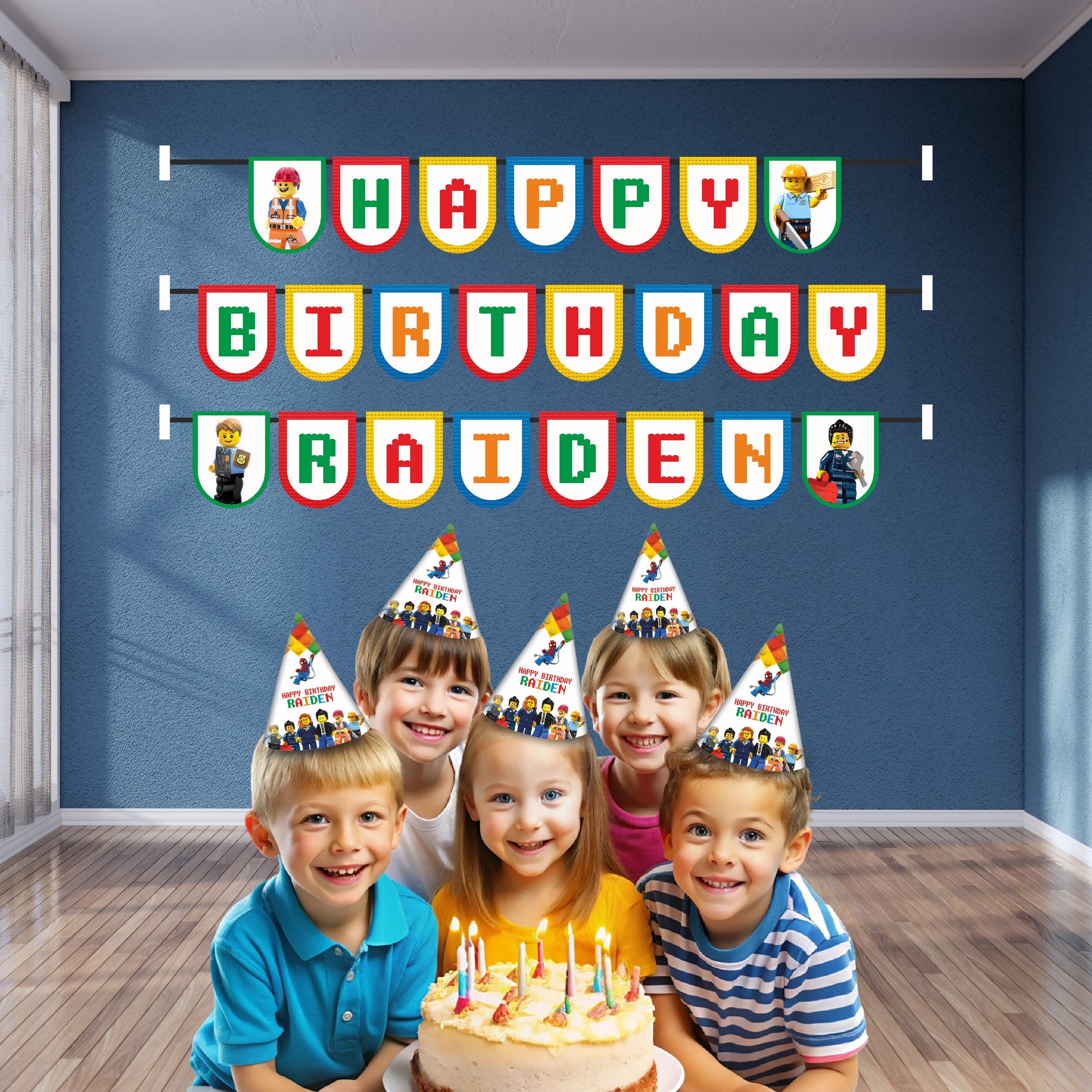 Lego Theme Bunting Hung on Cake Table Decoration Kids Birthday Party India
Alt Text: Lego theme colorful bunting hung across birthday cake table decoration for kids party setup India
