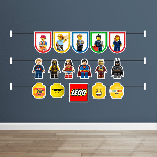 Lego theme character bunting with Lego minifigure and character illustrated pennant flags on 300GSM artboard pre-strung for kids birthday party decoration India