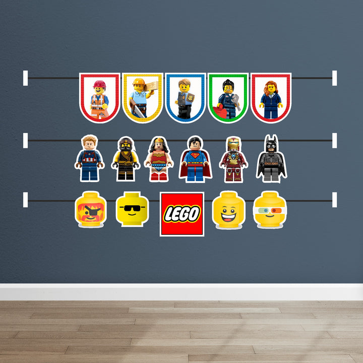 Lego theme character bunting with Lego minifigure and character illustrated pennant flags on 300GSM artboard pre-strung for kids birthday party decoration India