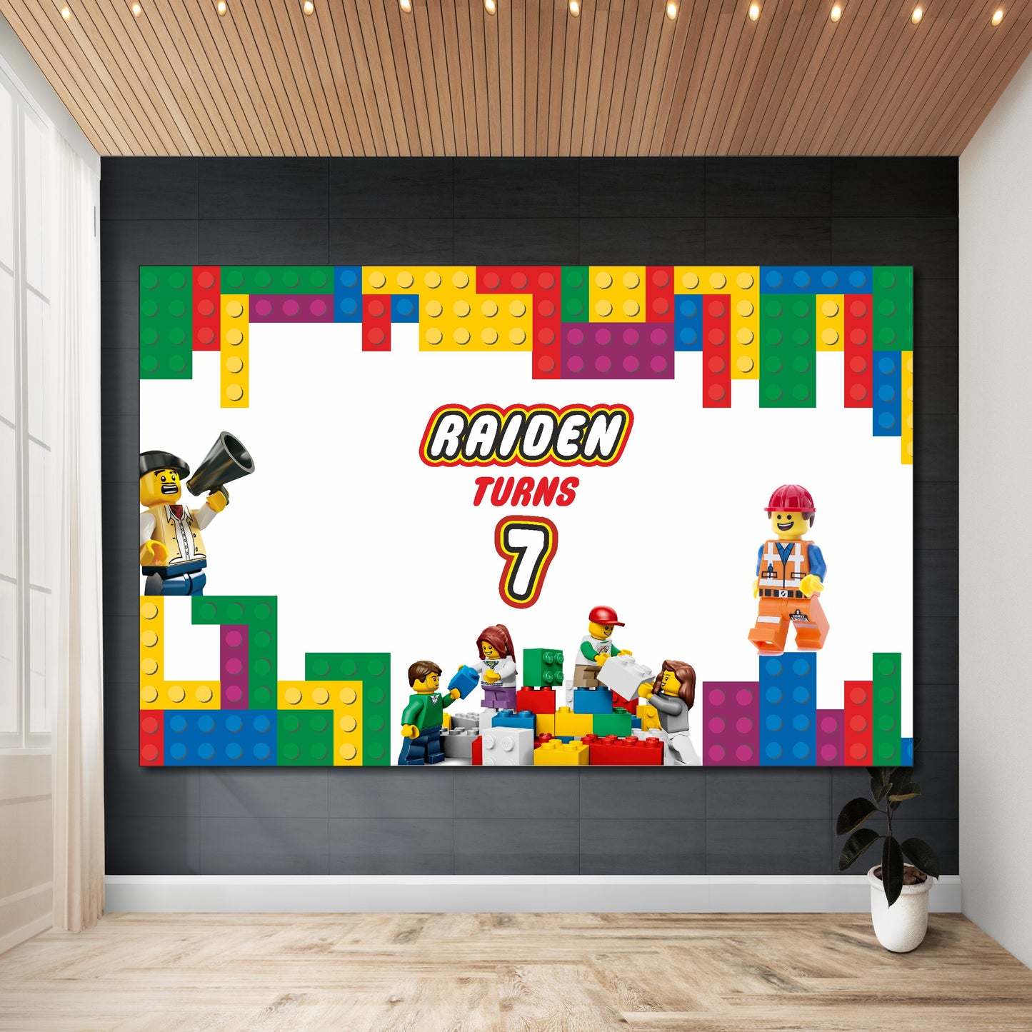 Personalized LEGO theme classic birthday backdrop with child's name and age printed on flex material, available in multiple sizes for kids party decoration in India
