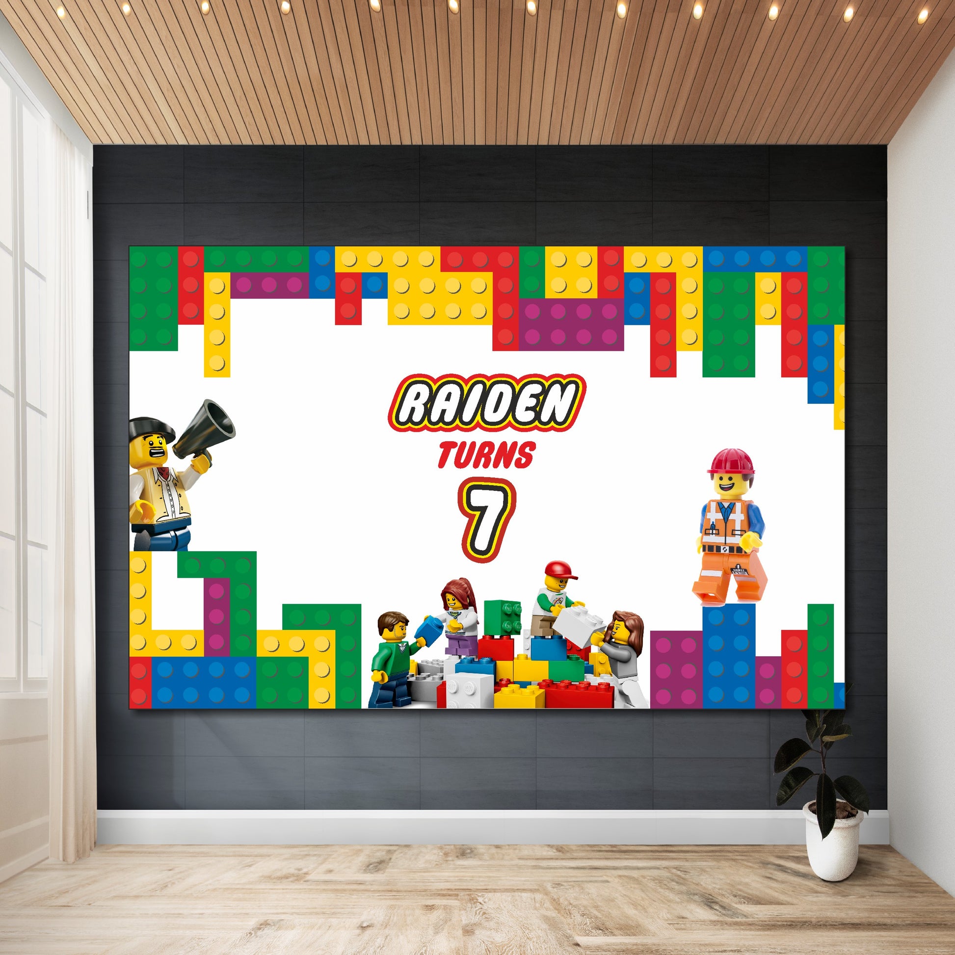 Personalized LEGO theme classic birthday backdrop with child's name and age printed on flex material, available in multiple sizes for kids party decoration in India
