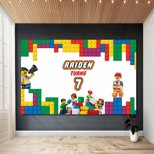 Personalized LEGO theme classic birthday backdrop with child's name and age printed on flex material, available in multiple sizes for kids party decoration in India

