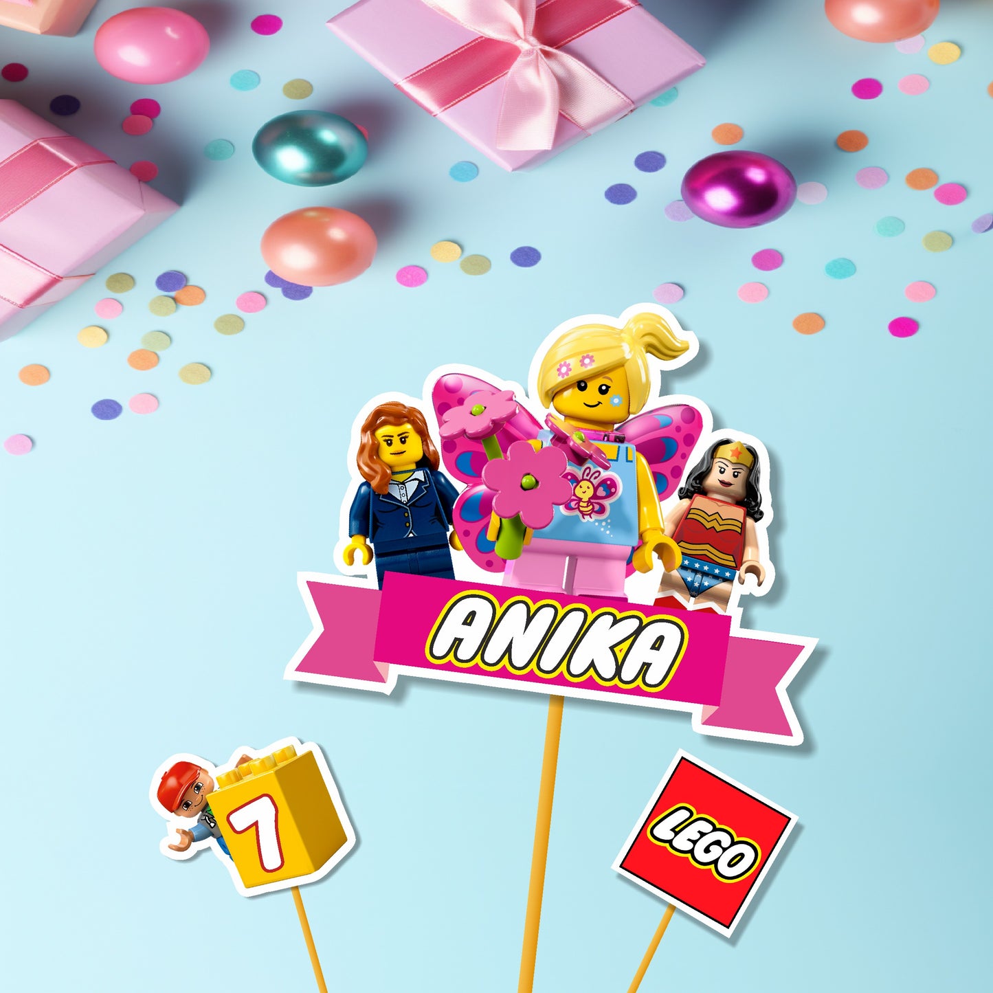 Lego theme classic cake topper with colourful Happy Birthday brick design on 300GSM artboard for kids birthday party India
