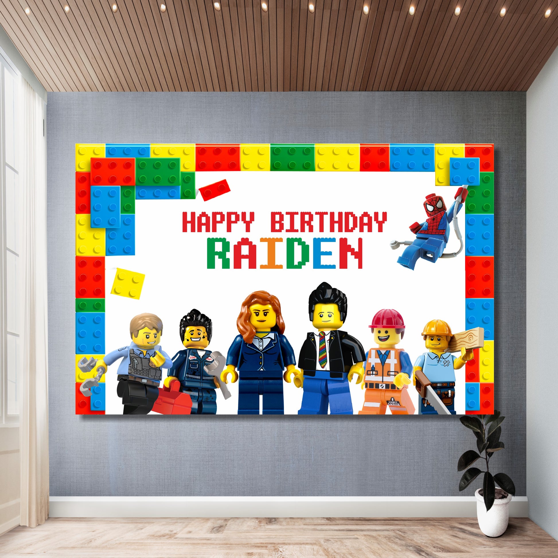 Lego theme fully customized birthday backdrop with child photo integrated into brick design installed at kids birthday party by BluParty India showing personalized name age and custom message
