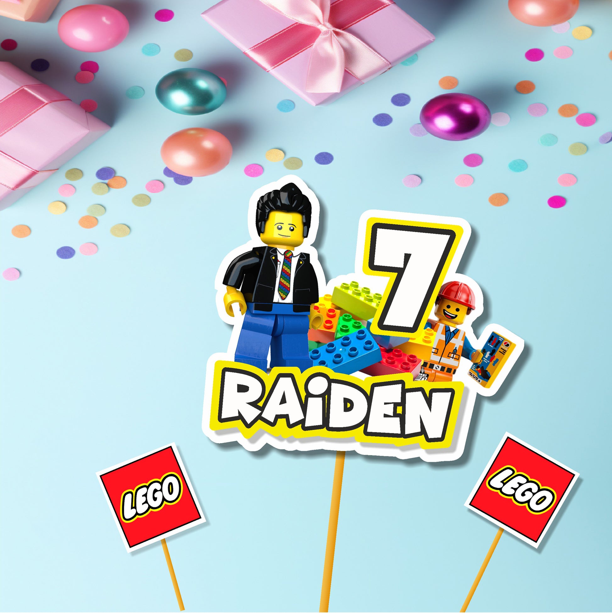 Lego theme customized cake topper printed with child's name, birthday number, event time, venue, and RSVP details on 300GSM artboard for birthday party India