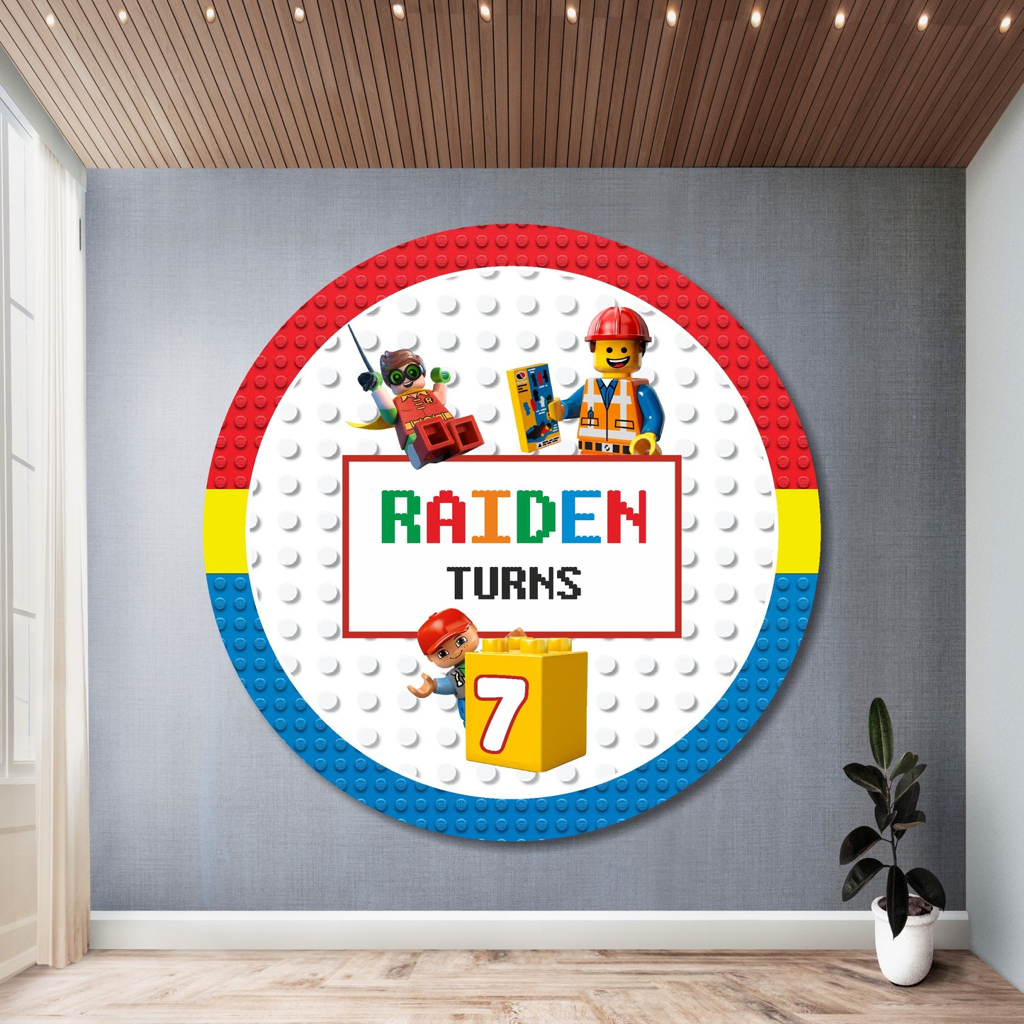 LEGO theme customized round birthday backdrop with child's name and age printed in vibrant circular brick design on premium flex material for kids birthday party decoration India starting Rs 499
