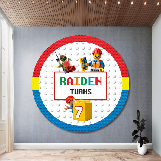 LEGO theme customized round birthday backdrop with child's name and age printed in vibrant circular brick design on premium flex material for kids birthday party decoration India starting Rs 499
