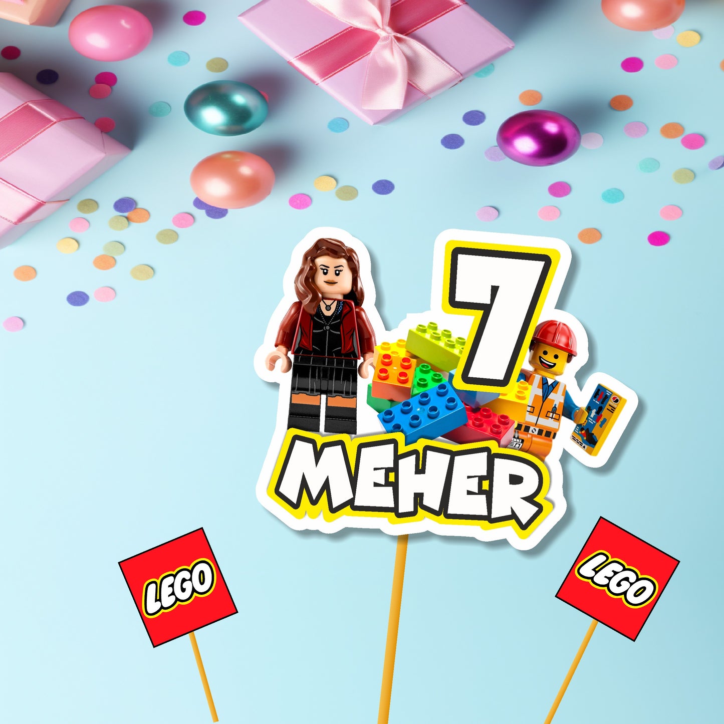 Lego theme personalized cake topper with child's name and age printed on 300GSM artboard for birthday party
