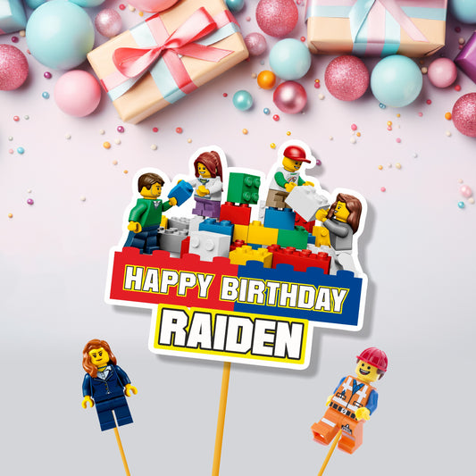 Lego theme personalized cake topper with child name and birthday age printed on Lego brick design 300GSM artboard for kids birthday cake India
