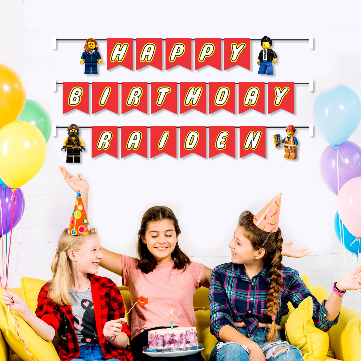 Lego Theme Personalized Happy Birthday Bunting with Child Name India
Alt Text: Lego theme personalized happy birthday bunting with child name printed on Lego brick shaped flags in red yellow blue green 300GSM artboard India