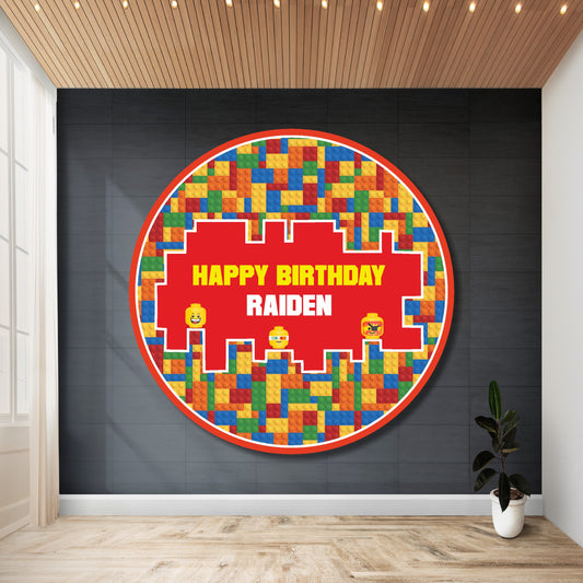Personalized LEGO theme round birthday backdrop printed on flex material with child's name and age, circular design for kids birthday party decoration in India
