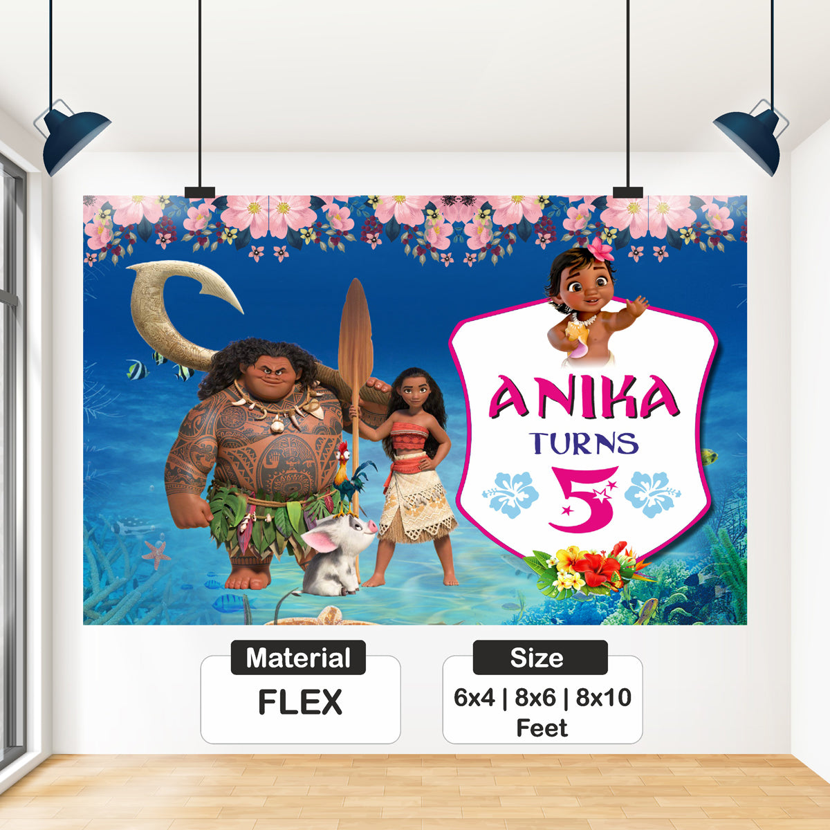 Moana birthday backdrop available in 6x4, 8x6, and 8x10 feet – flex print party banner
