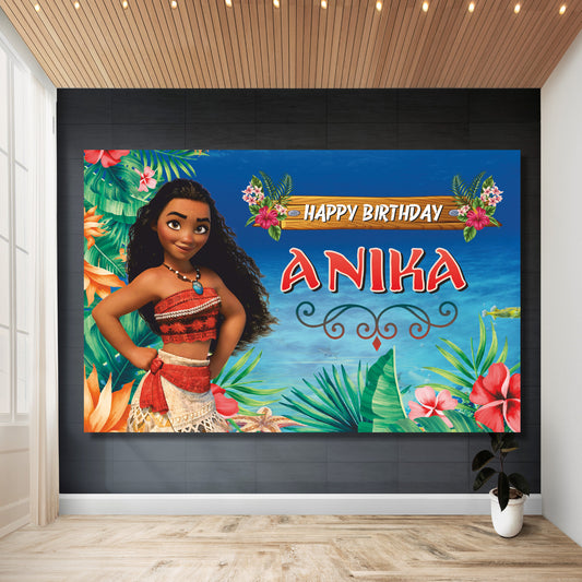 Moana theme birthday backdrop banner with ocean design for kids party