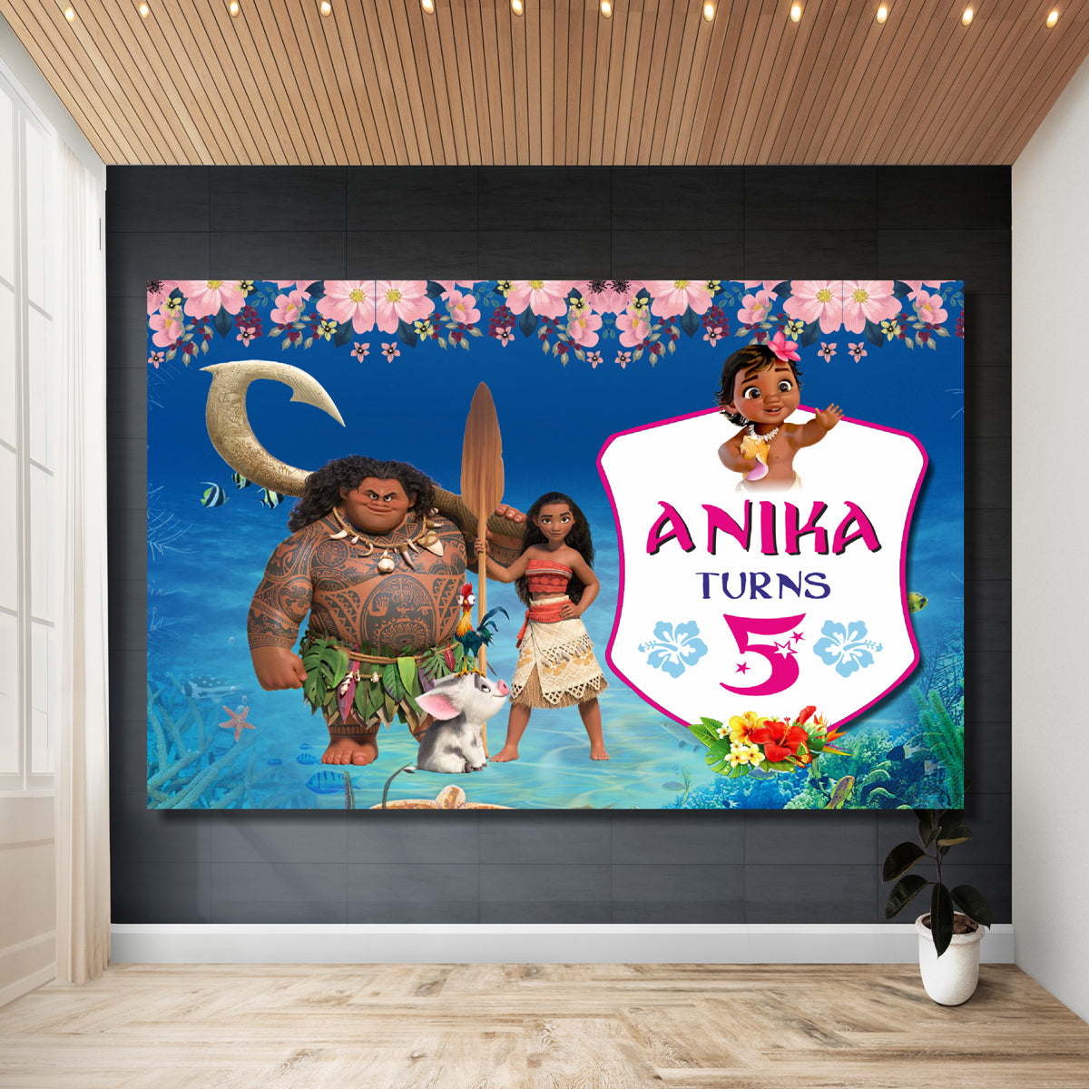 Moana birthday personalized backdrop with child's name printed on vibrant flex banner
