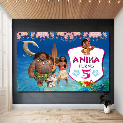 Moana birthday personalized backdrop with child's name printed on vibrant flex banner
