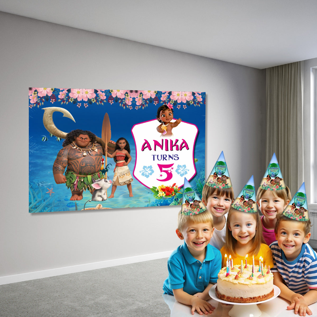 Custom Moana theme party backdrop with name and age – birthday decoration India
