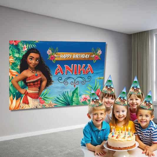 Custom Moana flex print backdrop 8x6 ft displayed at a kids birthday party