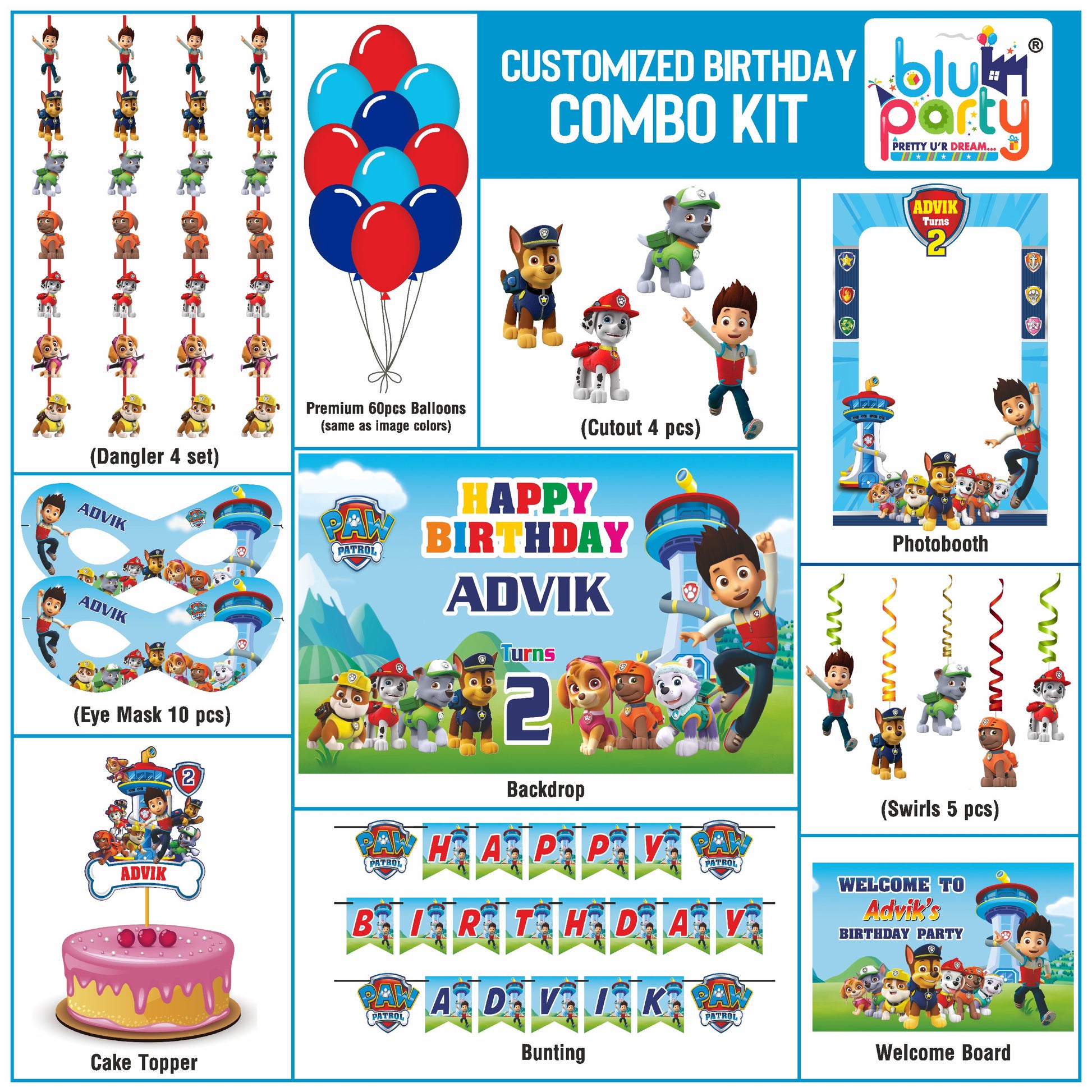 Paw Patrol birthday theme personalized compcat combo kit for kids party decoration