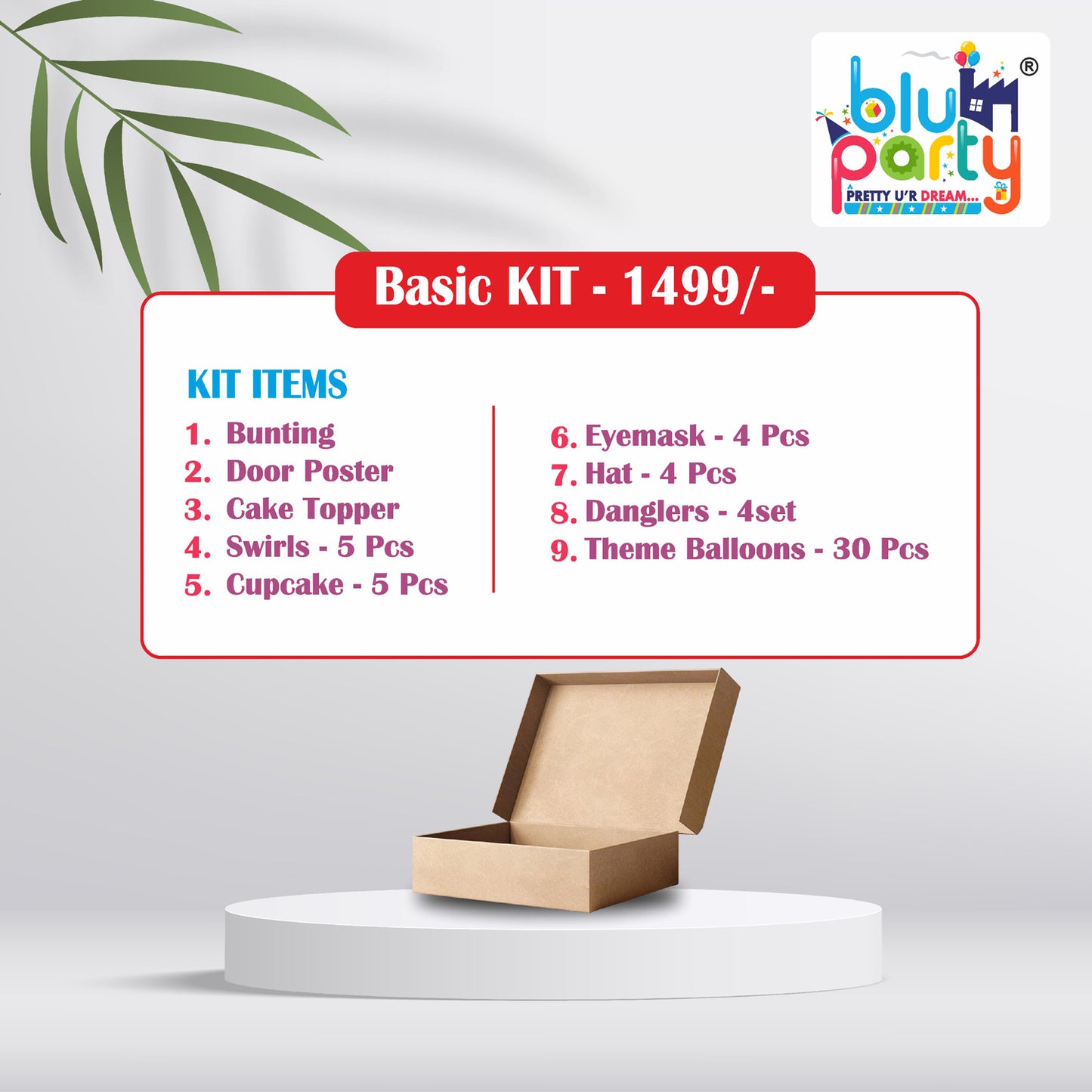 Contents of BluParty personalised birthday party basic combo kit showing all decoration items India