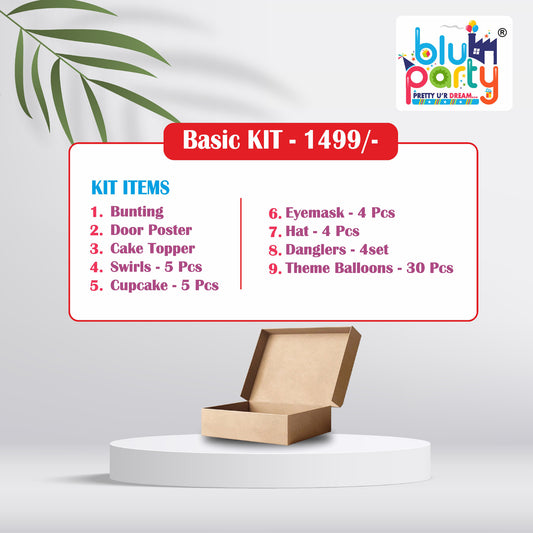 Contents of BluParty personalised birthday party basic combo kit showing all decoration items India