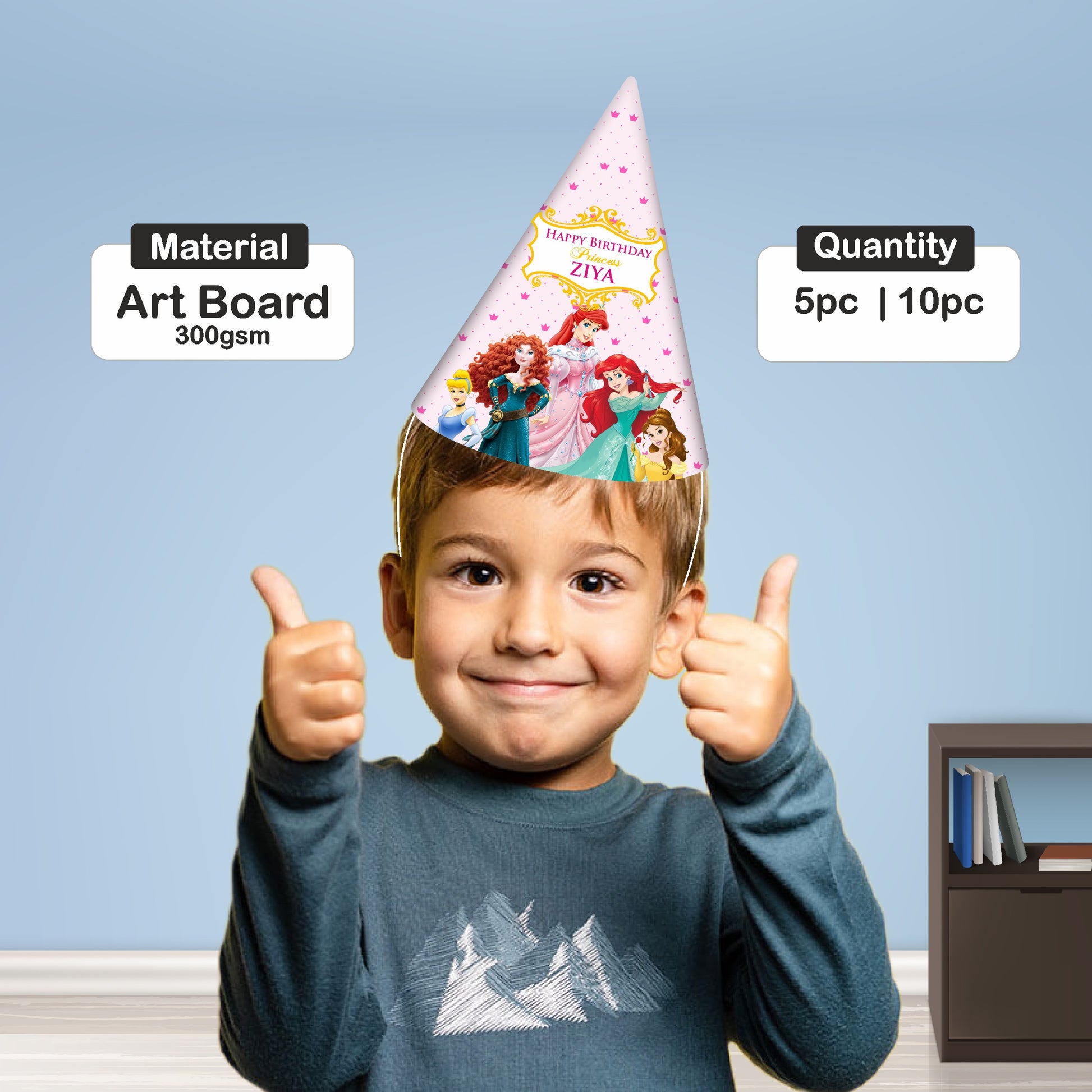 Personalized princess party hat featuring child name and birthday number milestone for photo prop and guest wearable at kids birthday party India
