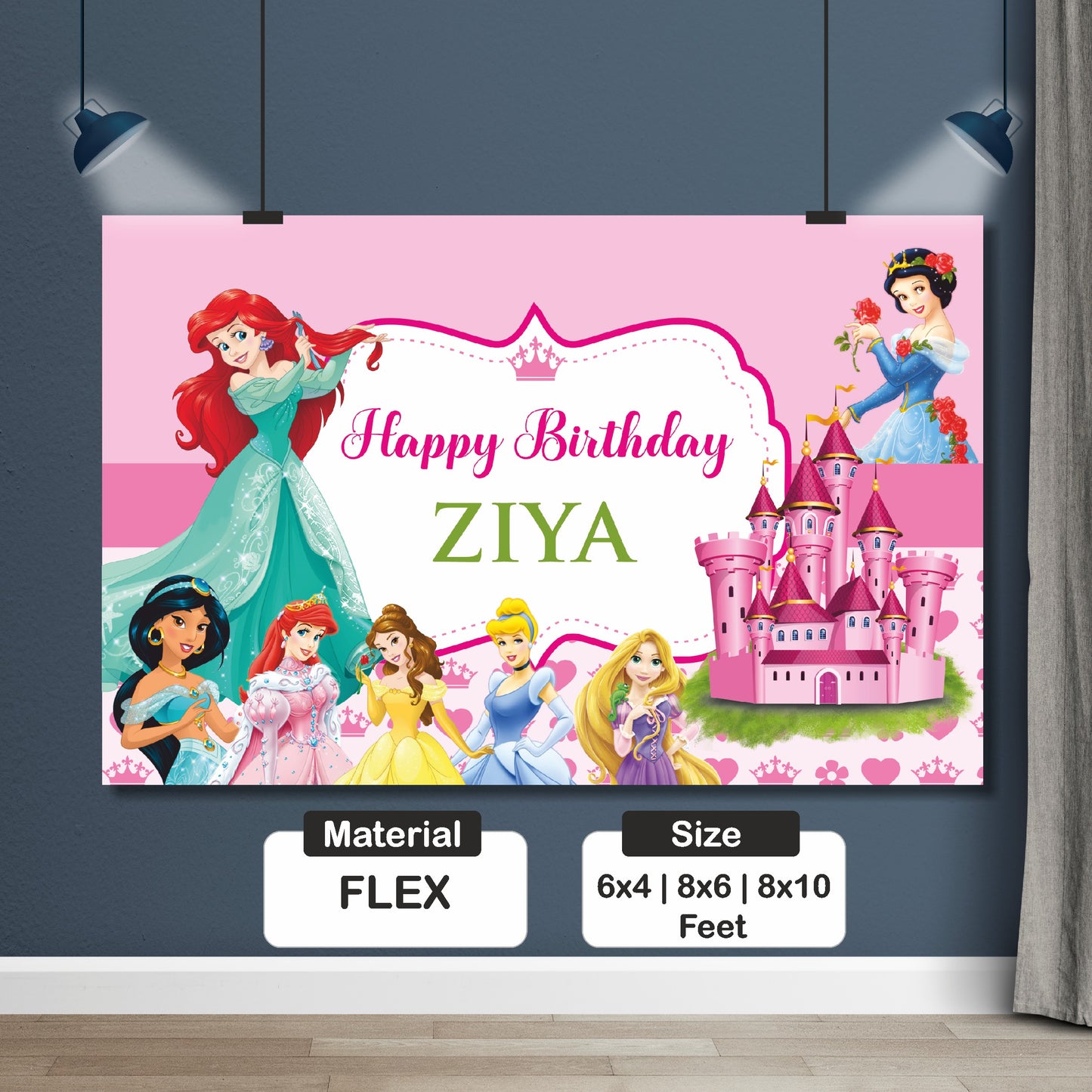Close-up of customized princess theme birthday backdrop showing HD printed event time, venue, RSVP details, name and birthday number on premium flex material India
