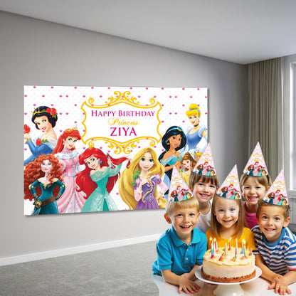 Princess theme birthday backdrop set up on wall at a girls home birthday party in India showing full princess design with personalised name printed in HD colour
