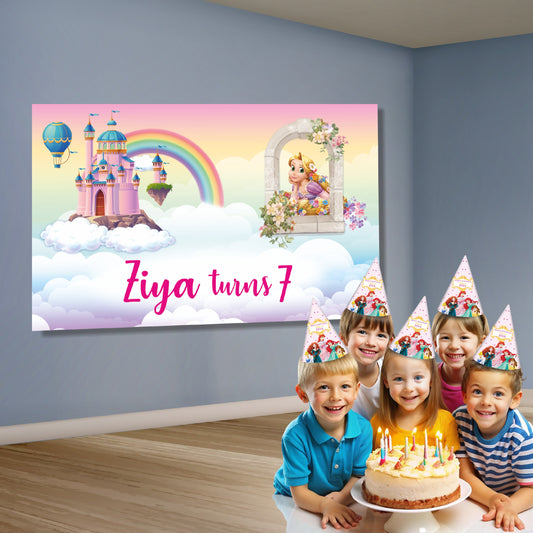 Custom princess birthday decoration banner with child name printed on premium flex material for party photoshoot background
