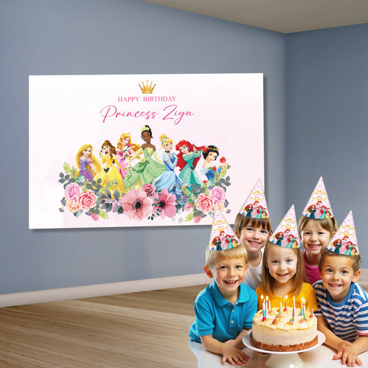 Princess theme personalised birthday backdrop with child's photo and name mounted on wall at a girls birthday party in India showing HD full-colour princess design
