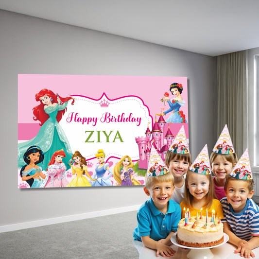 Customized princess birthday backdrop with full event details including venue and RSVP contact mounted on wall at a girls birthday party hall in India
