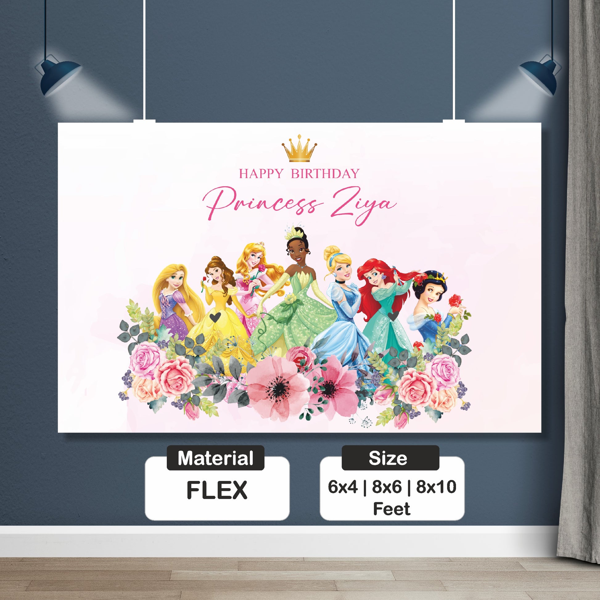 Close-up of princess theme personalised birthday backdrop showing HD photo print quality with child's photo name and princess artwork design on premium flex material