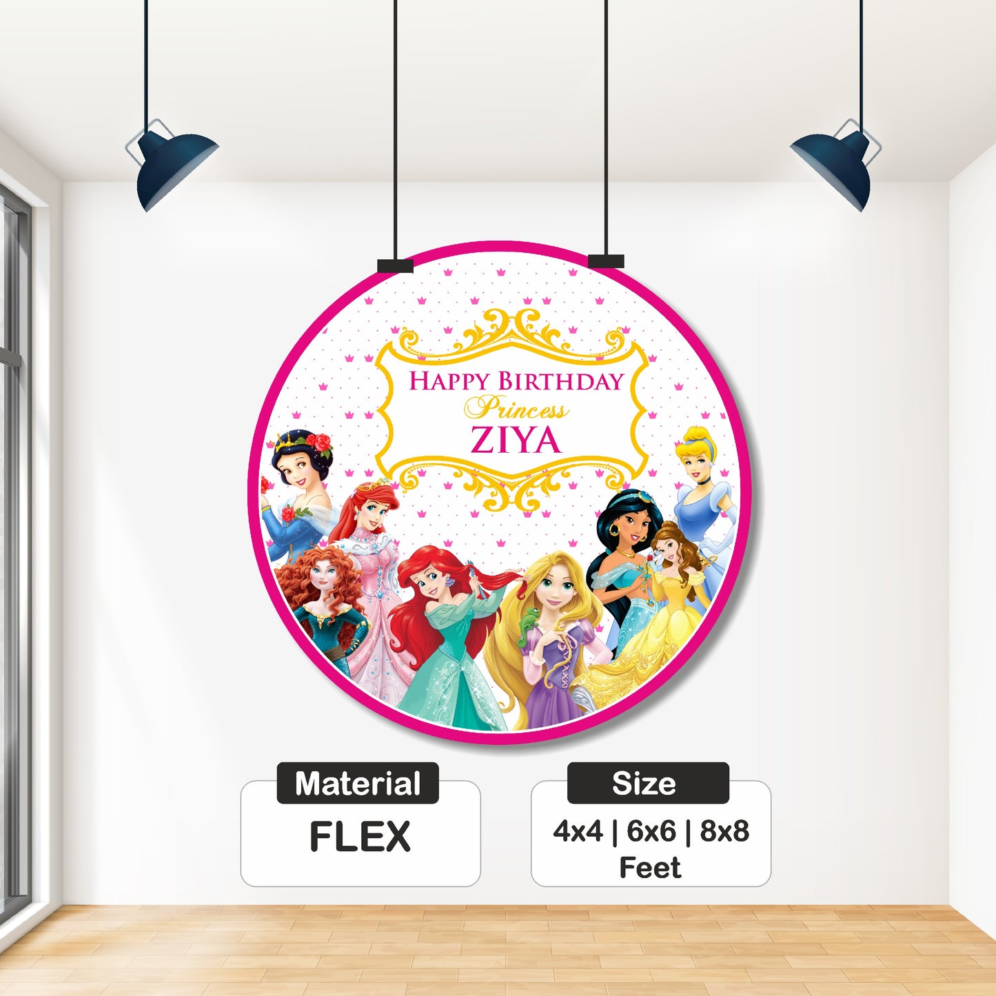 Princess theme round birthday backdrop personalized with baby name for photo booth and party decoration across India
