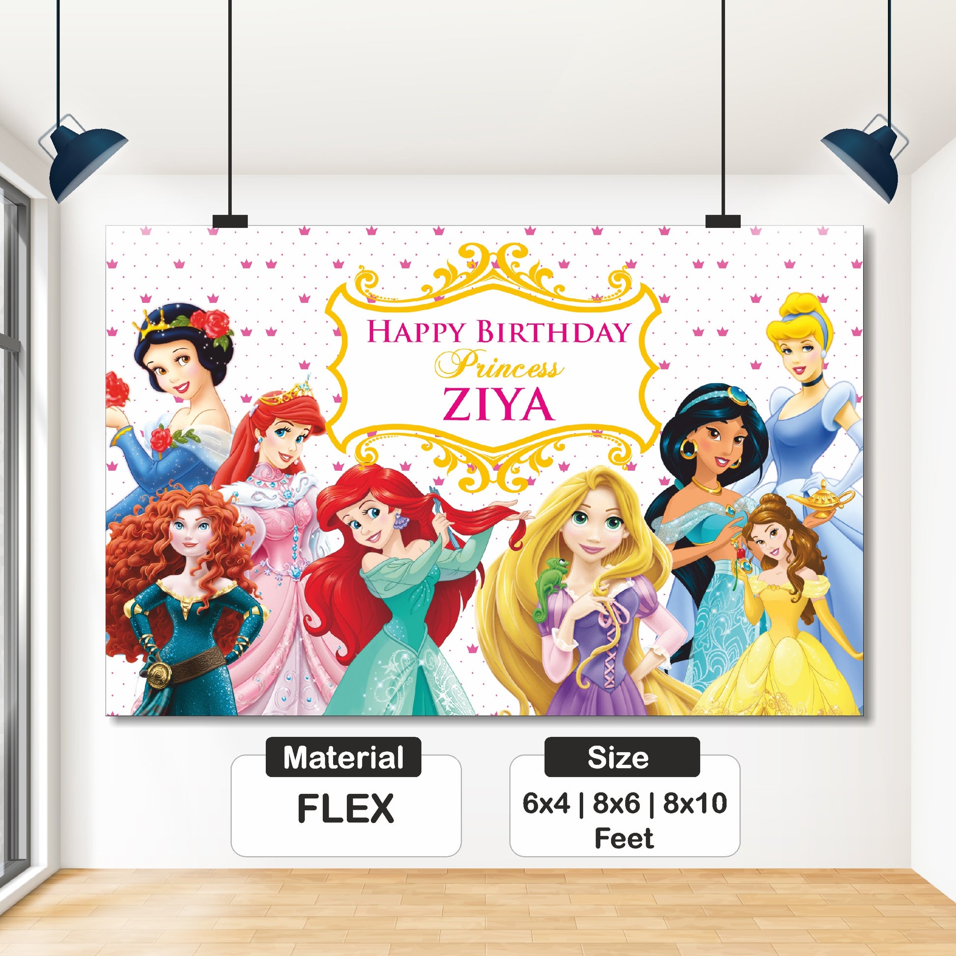 Close-up of princess theme birthday backdrop showing vibrant HD print quality on flex material with princess design colours and personalised name text
