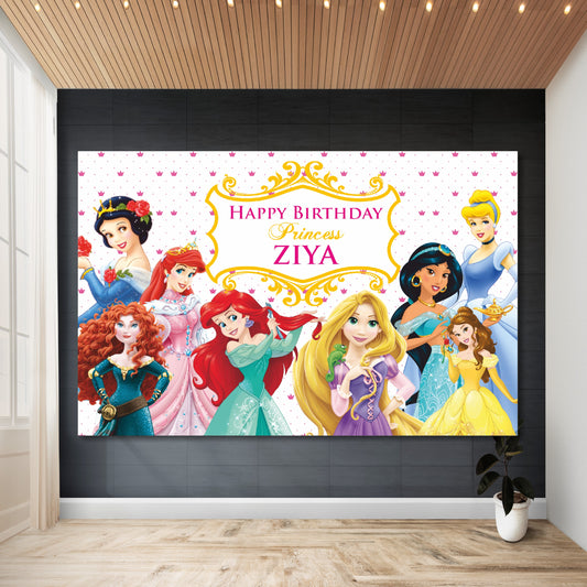 Personalised princess theme birthday backdrop printed with child's name and age in HD flex material for girls birthday party India — available in 6x4, 8x6, and 8x10 feet
