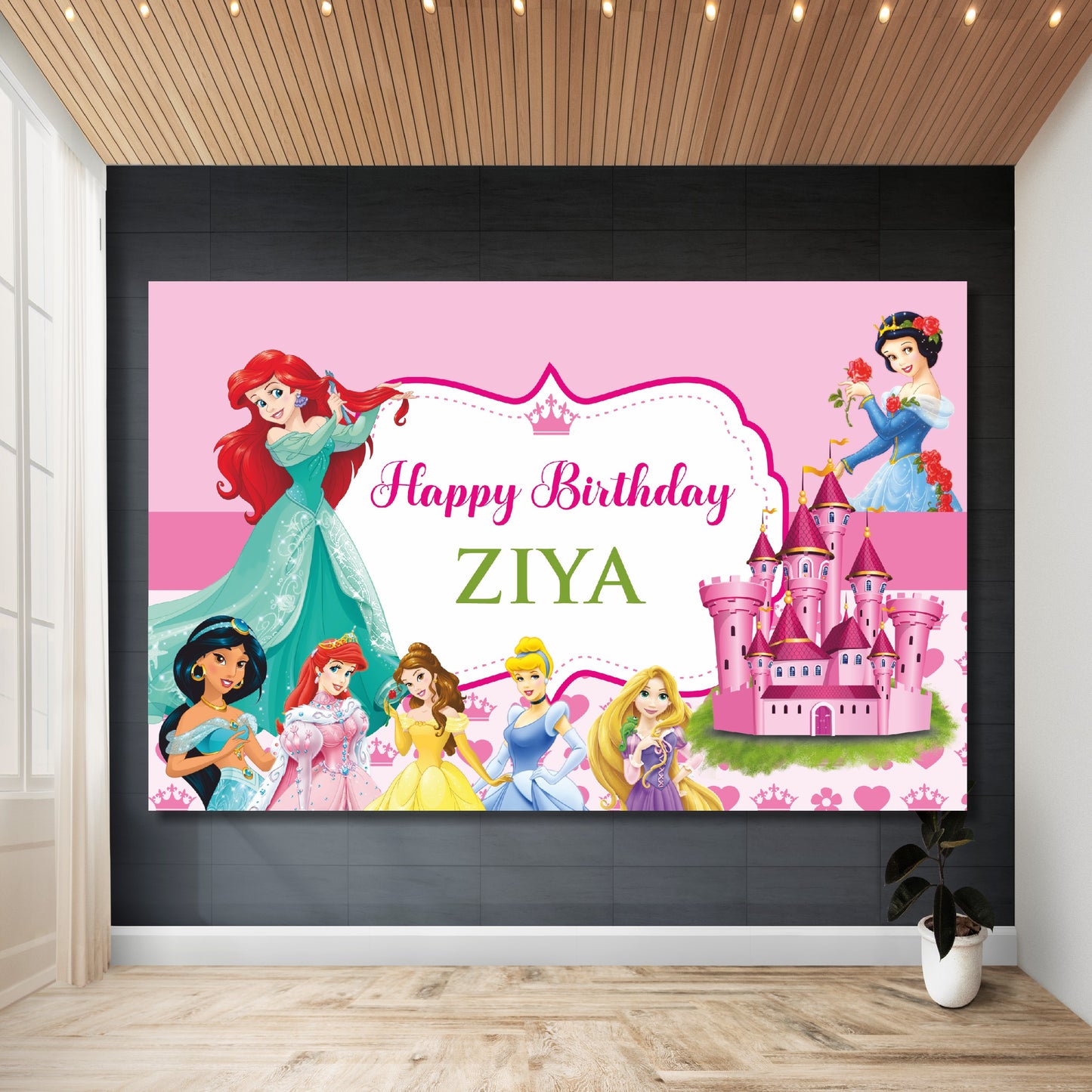 Customized princess theme birthday backdrop printed with child's name, birthday number, event time, venue, and RSVP details on HD flex material for girls party India — available in 6x4, 8x6, and 8x10 feet
