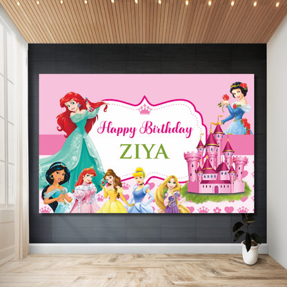 Customized princess theme birthday backdrop printed with child's name, birthday number, event time, venue, and RSVP details on HD flex material for girls party India — available in 6x4, 8x6, and 8x10 feet