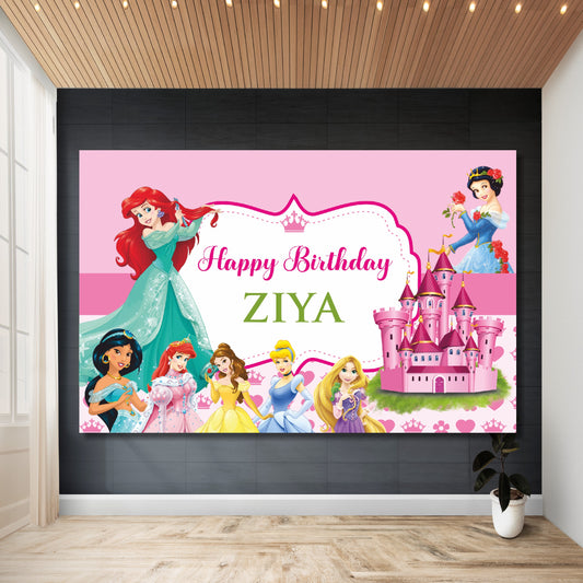 Customized princess theme birthday backdrop printed with child's name, birthday number, event time, venue, and RSVP details on HD flex material for girls party India — available in 6x4, 8x6, and 8x10 feet