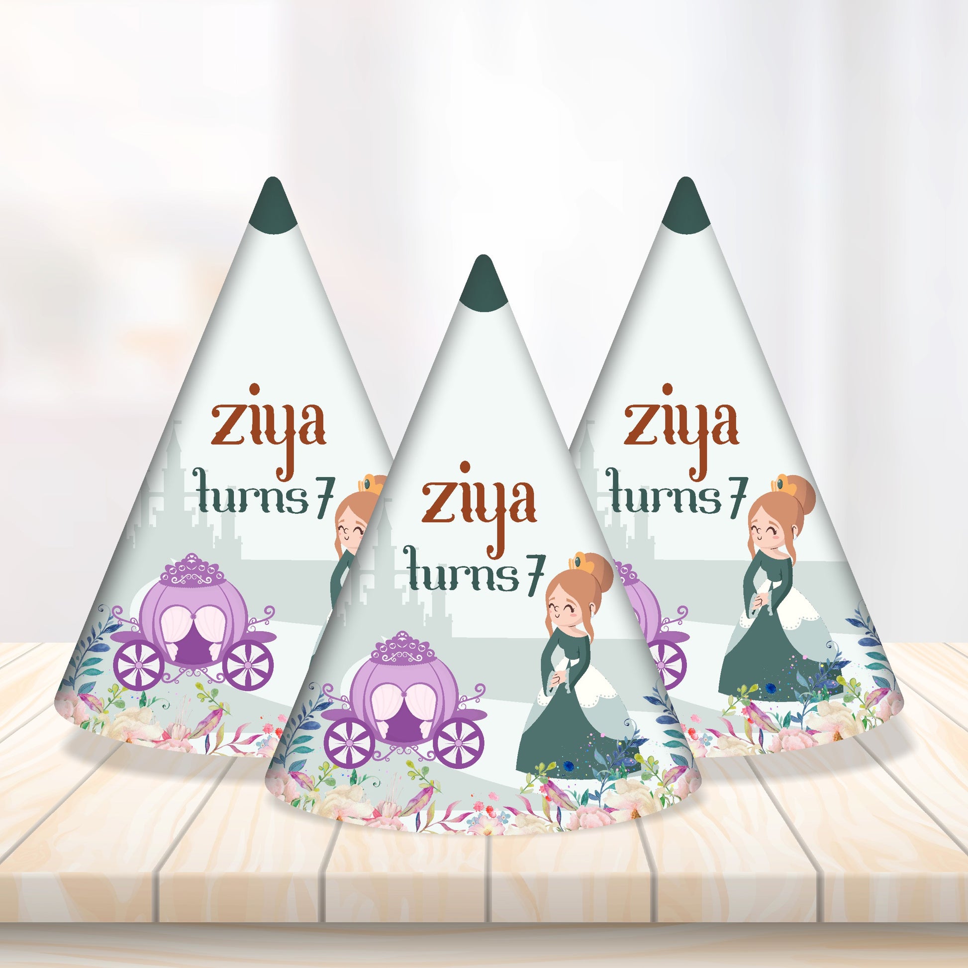 Princess theme customized birthday hat with bespoke glitter crown design and child's name printed on 300GSM art board in pack of 5 and 10 for girls birthday party India starting Rs 229
