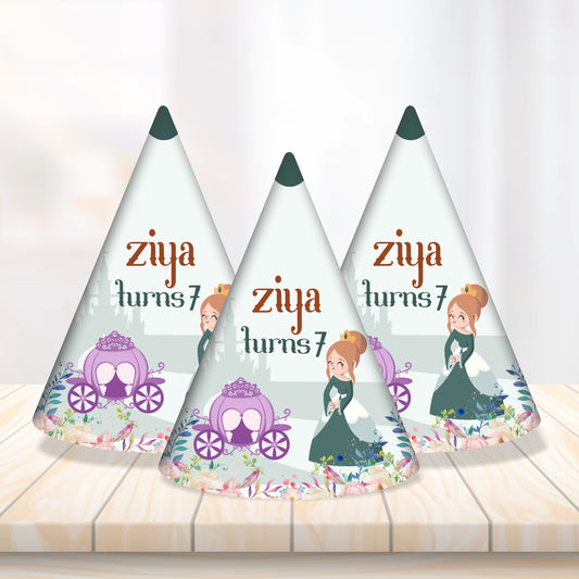 Princess theme customized birthday hat with bespoke glitter crown design and child's name printed on 300GSM art board in pack of 5 and 10 for girls birthday party India starting Rs 229
