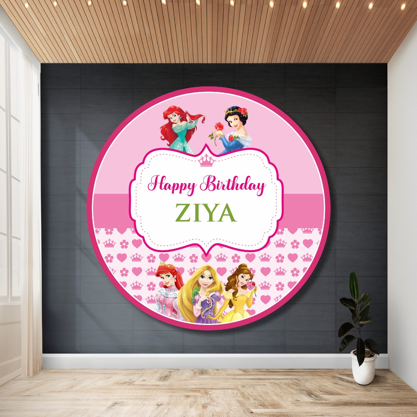 Princess theme customized round backdrop with unique princess design and HD flex print for girls birthday party decoration India
