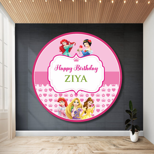 Princess theme customized round backdrop with unique princess design and HD flex print for girls birthday party decoration India
