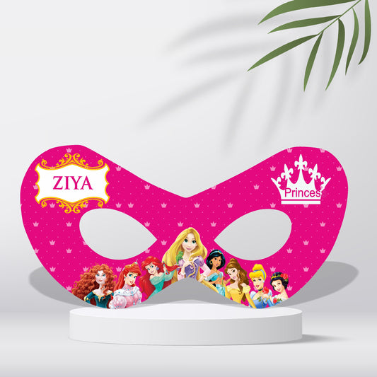 Princess theme personalized eye mask with royal design and child's name printed on 300GSM art board in pack of 5 and 10 for girls birthday party favour India starting Rs 169
