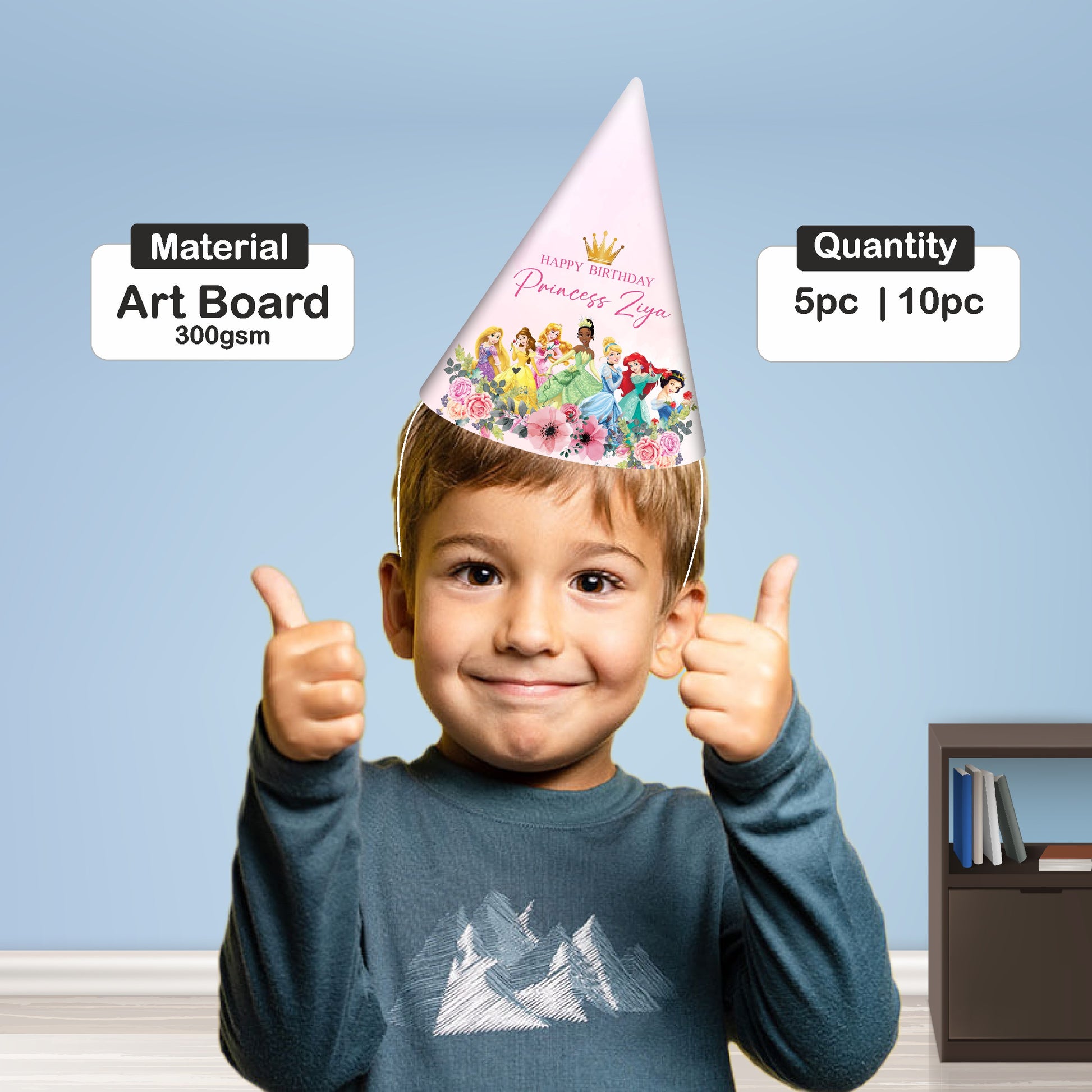 Close-up of princess theme personalized birthday hat showing glitter crown design with child's name printed on sturdy 300GSM art board with adjustable elastic strap for kids party India
