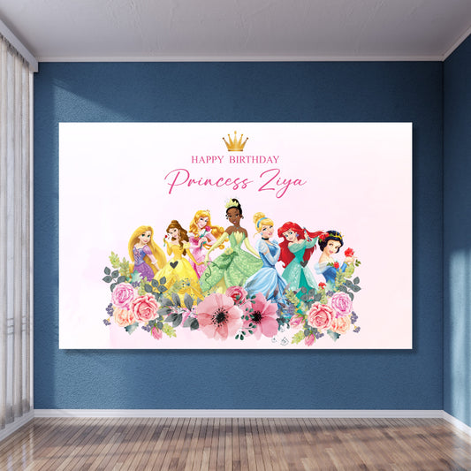 Personalised princess theme birthday backdrop printed with child's photo, name, and age in HD flex material for girls birthday party India — available in 6x4, 8x6, and 8x10 feet
