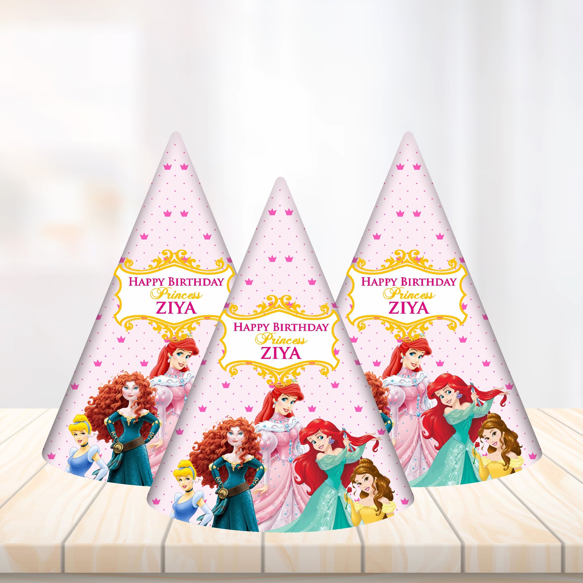 Princess theme personalized birthday hat with child name and birthday milestone as centrepiece design printed on 300GSM artboard India pack of 5 and 10
