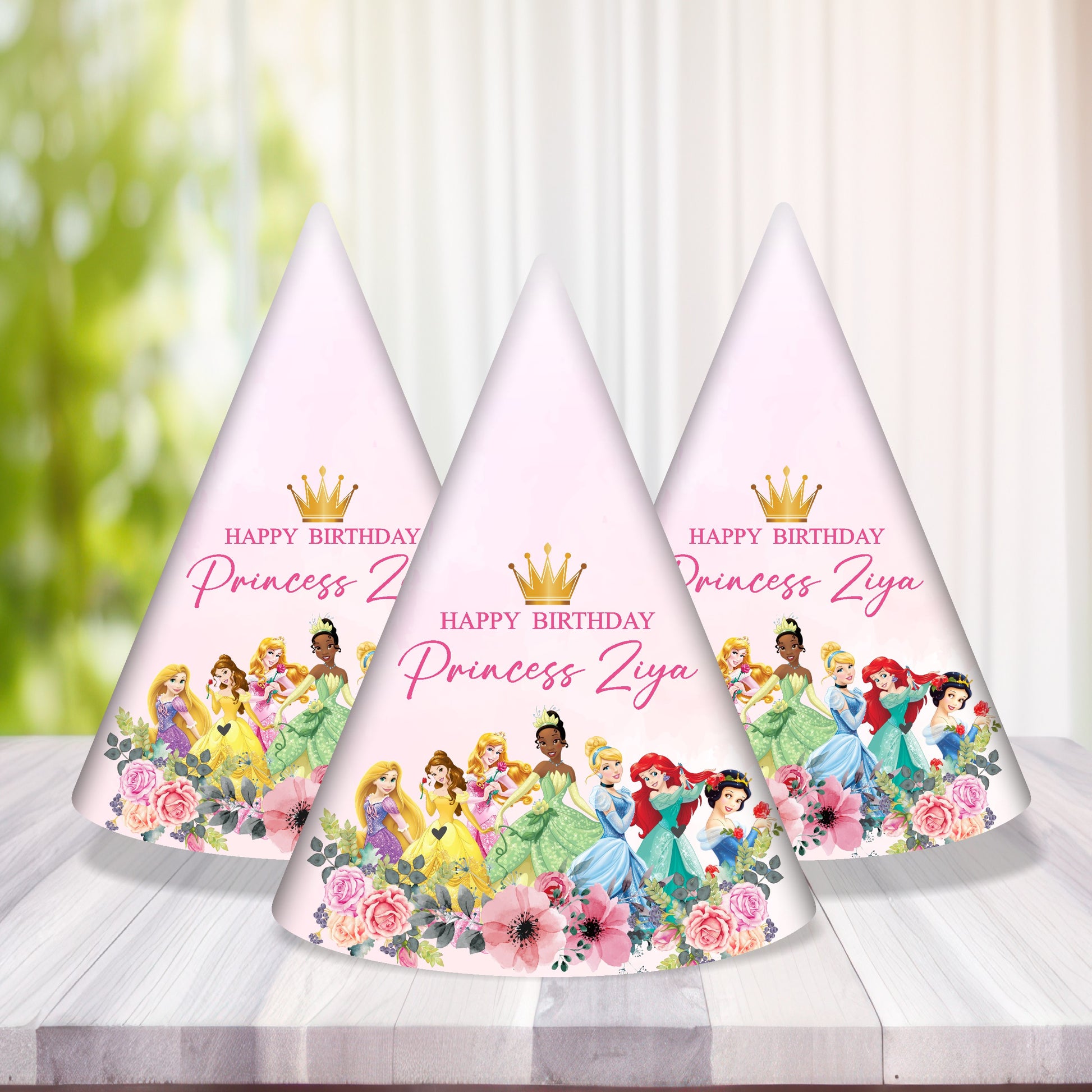 Princess theme personalized birthday hat with glitter crown design and child's name printed on 300GSM art board available in pack of 5 and 10 for girls birthday party decoration India starting Rs 229
