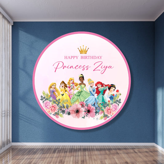 Personalized princess theme round backdrop printed with child name and photo in HD flex for girls birthday party decoration India