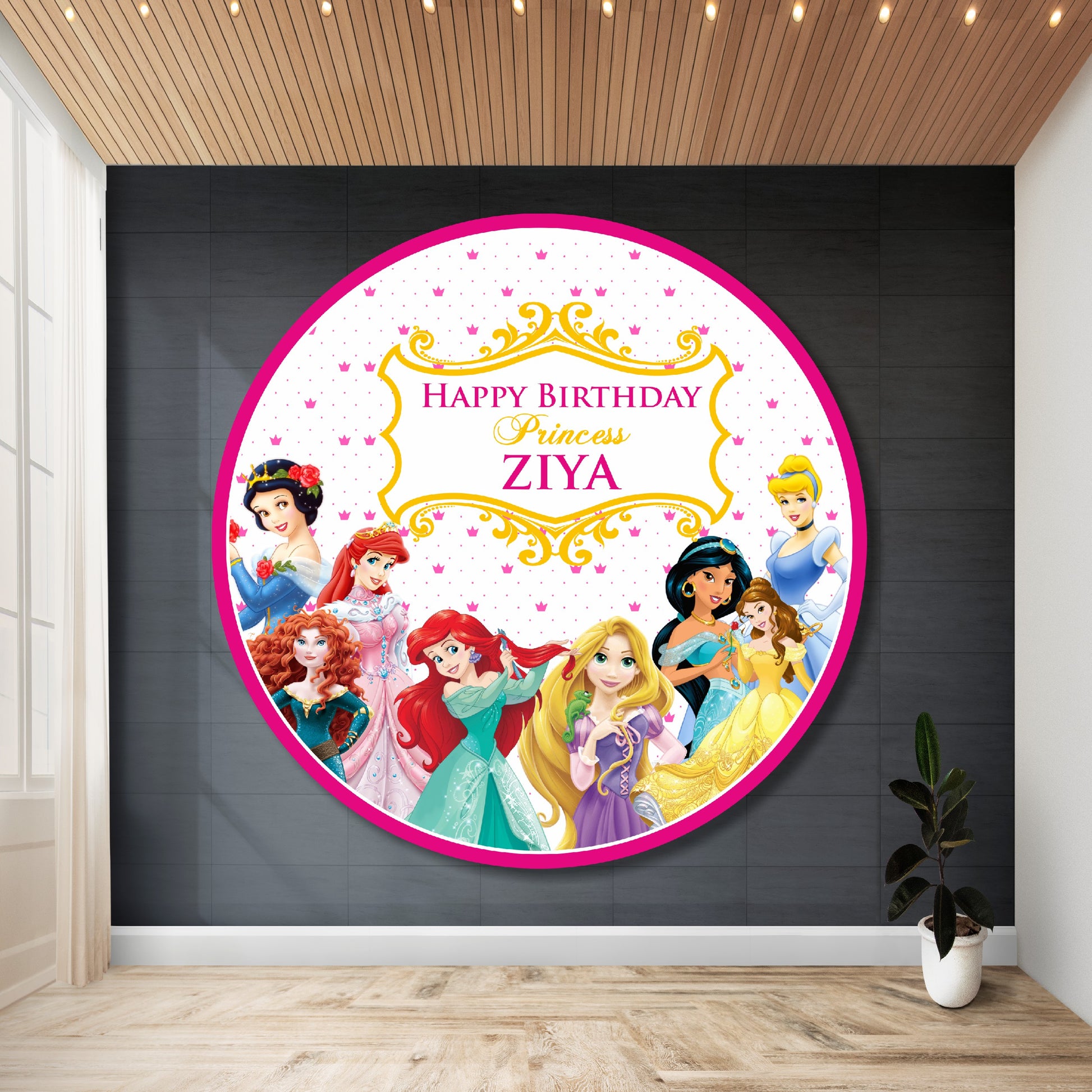 Personalized princess theme round circle backdrop HD flex print for girls birthday party decoration India
