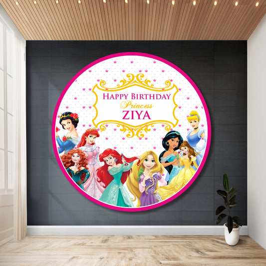 Personalized princess theme round circle backdrop HD flex print for girls birthday party decoration India
